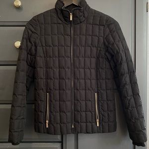 J Crew black quilted puffer jacket with gold hardware